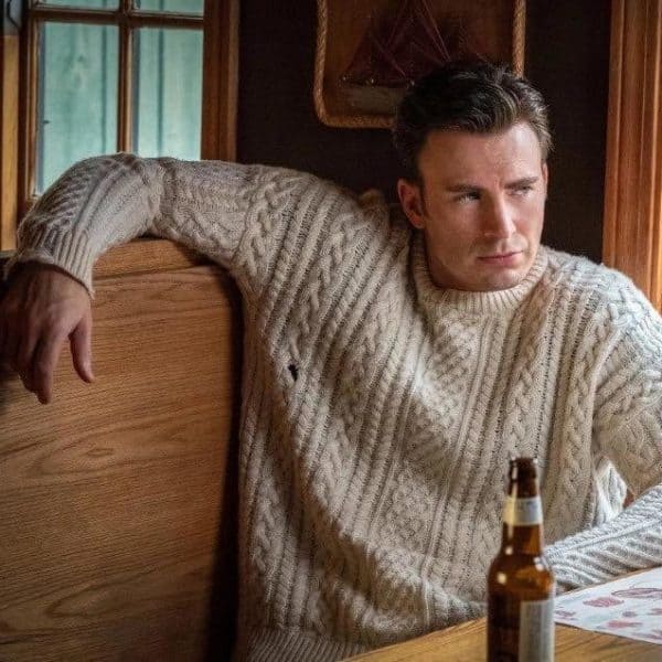 chris evans cable knit sweater knives out