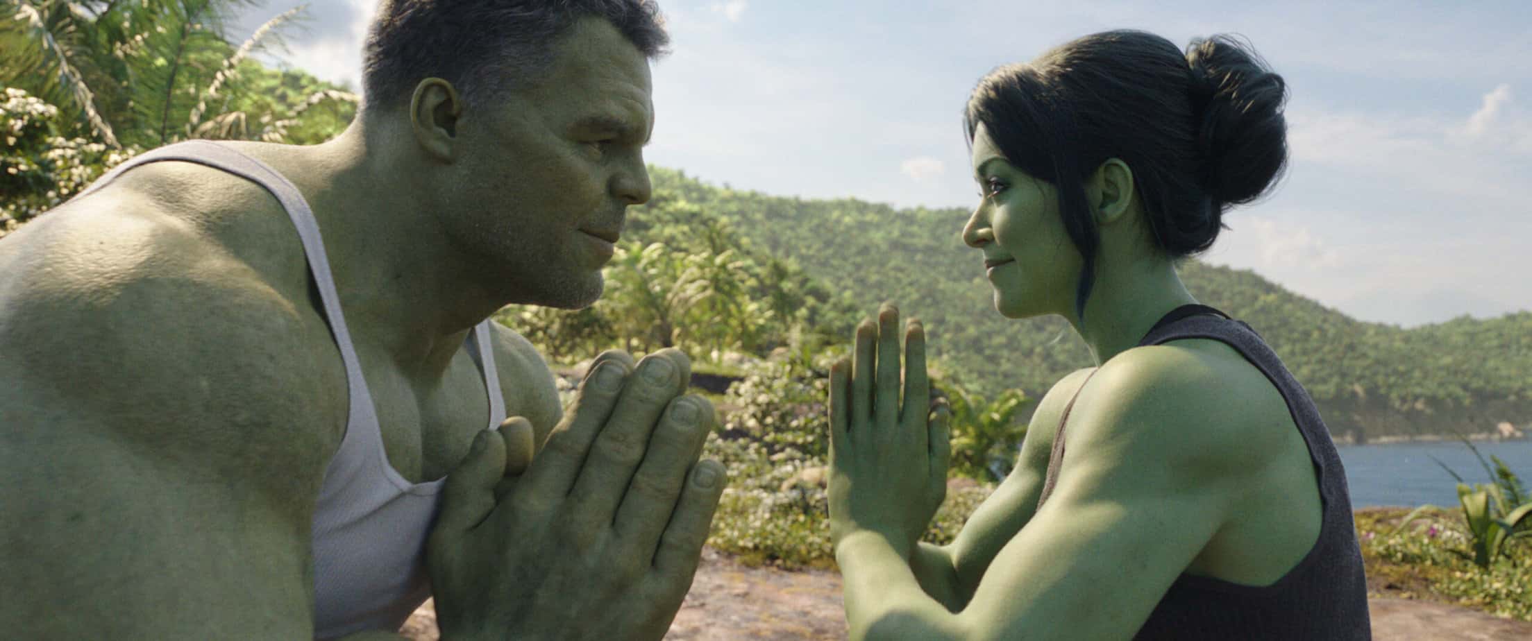 what is the age rating of she hulk? parents guide and review. hulk and she hulk doing yoga on an island.