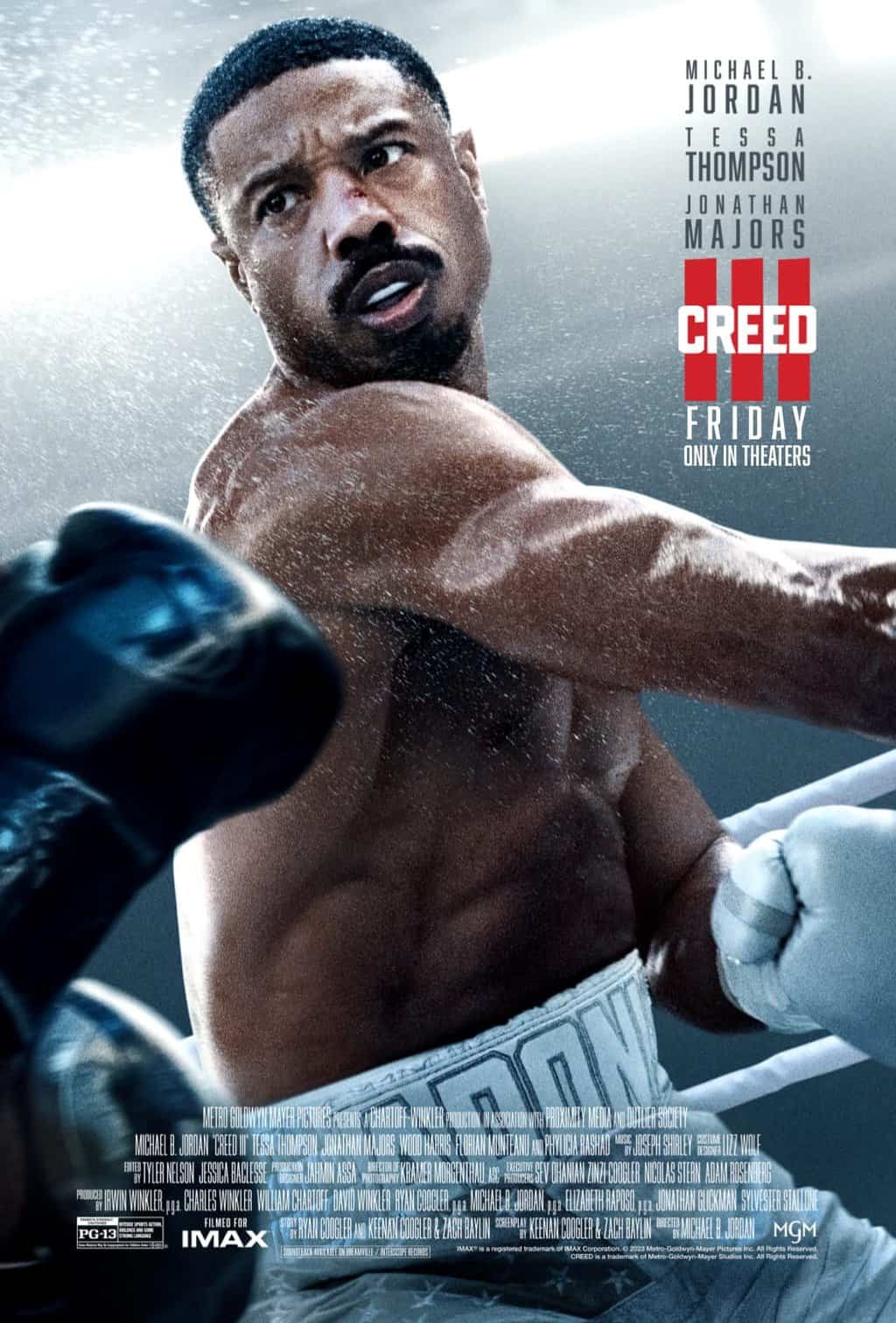 Rocky movies to watch before Creed III. Movie Poster showing a boxer hitting someone wearing white trunks.